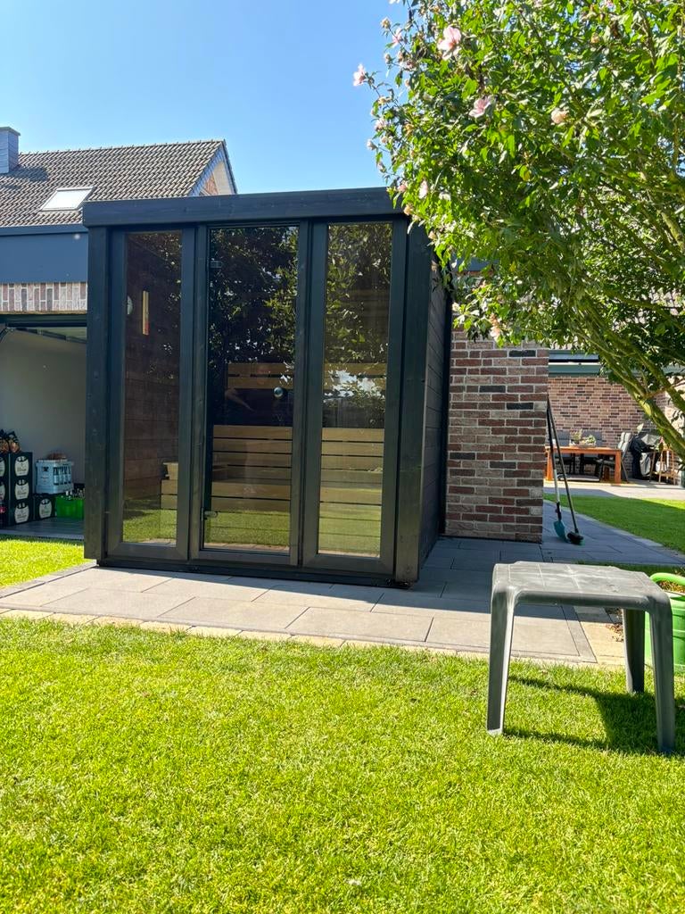 Thermowood Panorama buitensauna black edition. Buiten sauna, Sport en Fitness, Sauna, Ophalen of Verzenden, Nieuw, Fins of Traditioneel