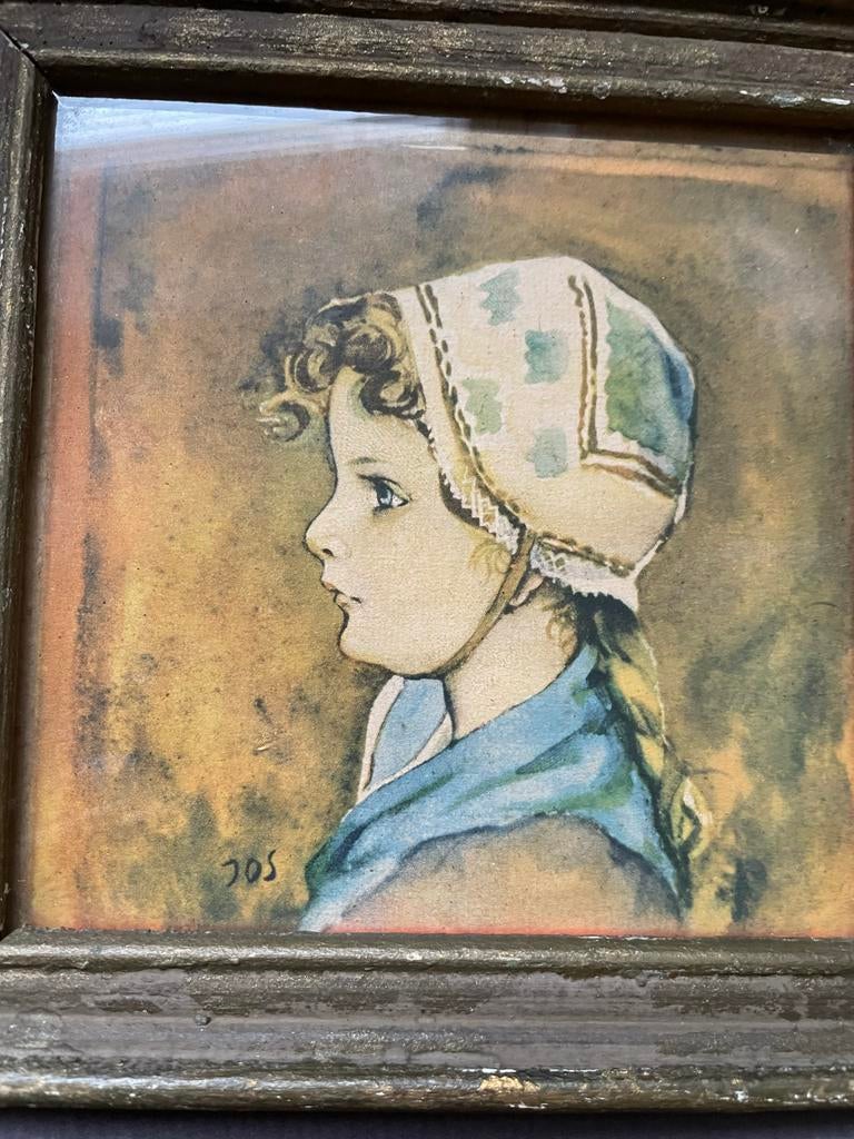 Vintage Schilderij Meisje met Muts 15x15, Ophalen of Verzenden