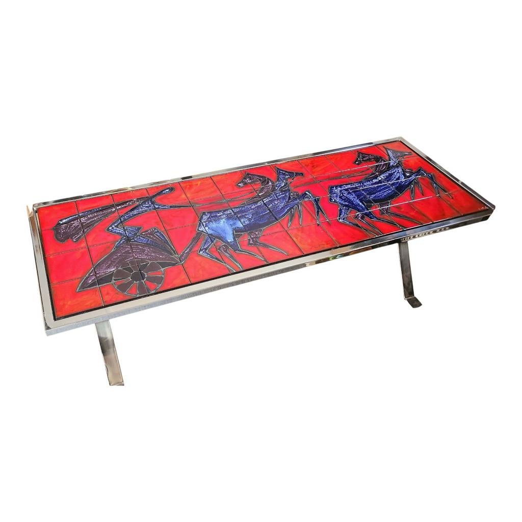 Vintage Mid Century salontafel André Bayer – RVS onderstel, Gebruikt, 100 tot 150 cm, Overige materialen, 50 tot 100 cm