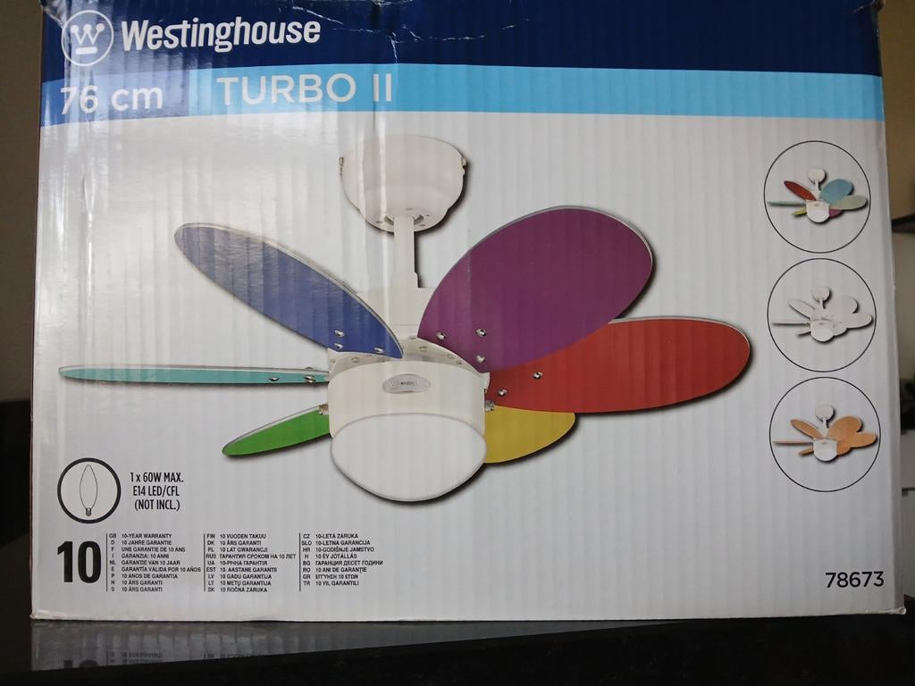 Leuke  stoere gekleurde ventilator met lamp., Ophalen of Verzenden, Zo goed als nieuw, Plafondventilator