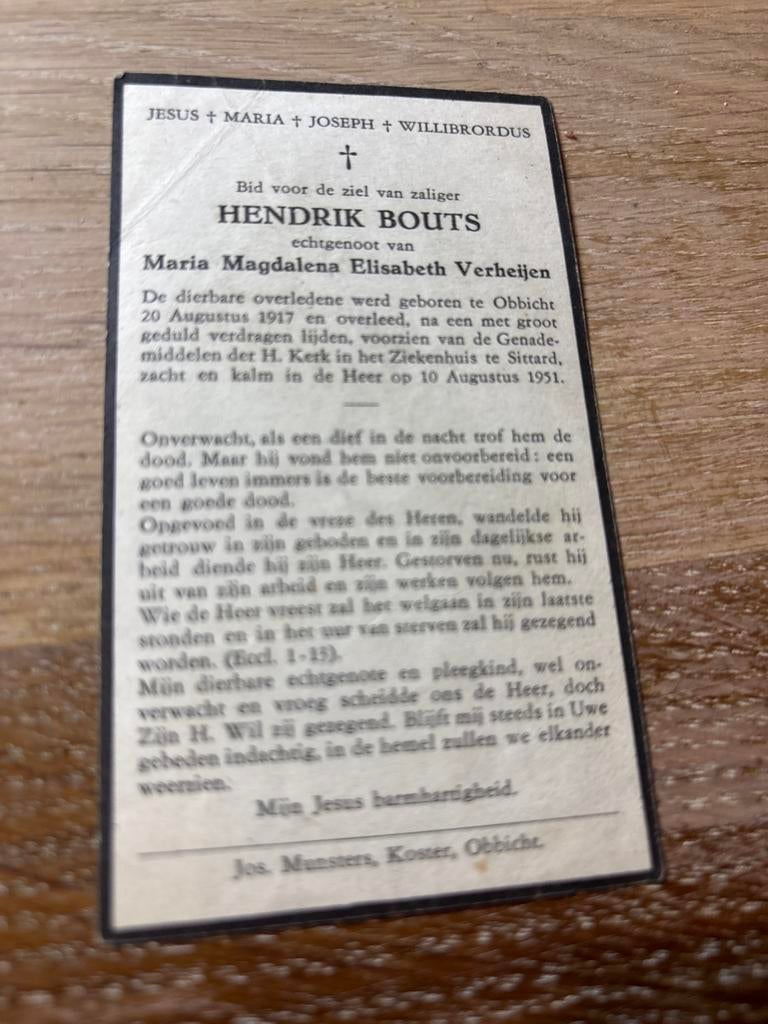 Bouts Hendrik 1917 Obbicht 1951 x Verheijen - 28298, Verzamelen, Bidprentjes en Rouwkaarten, Ophalen of Verzenden, Bidprentje