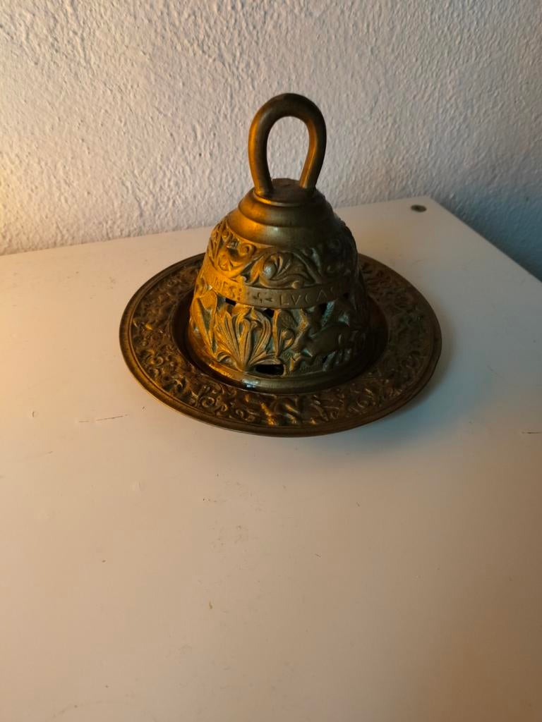 Koperen tafelbel met evangelisten, Antiek en Kunst, Ophalen of Verzenden, Koper