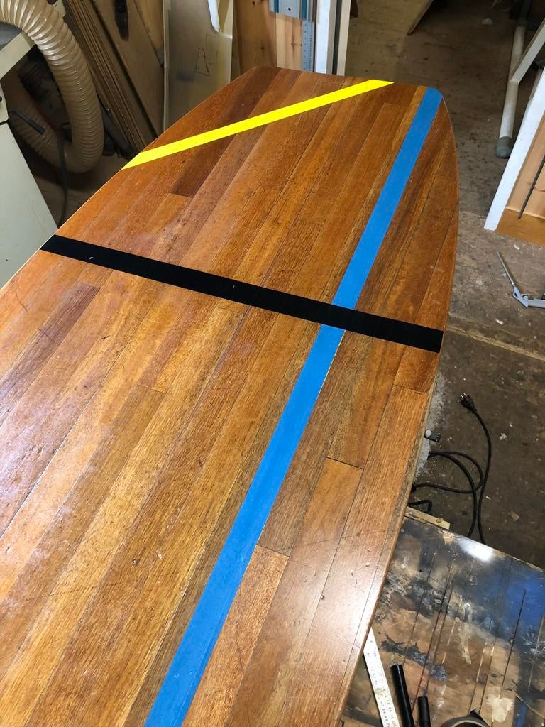 Tafelbladen van gymzaalvloer, Huis en Inrichting, Tafels | Eettafels, 200 cm of meer, Ophalen of Verzenden, Zo goed als nieuw