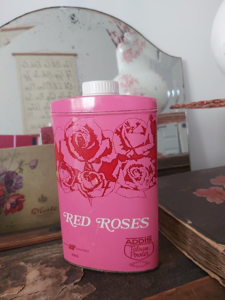 Brocante groot oud talkpoeder blik roze red roses addis 19cm, Ophalen of Verzenden