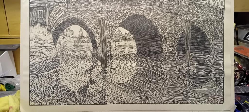 WO.J. NIEUWENKAMP.  Mooie houtsnede brug, Ophalen of Verzenden