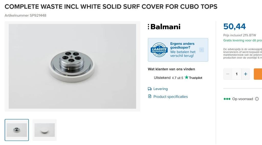 COMPLETE AFVOER + WITTE SOLID SURF AFDEK VOOR CUBO WASTAFEL, Ophalen of Verzenden, Nieuw, Wastafel