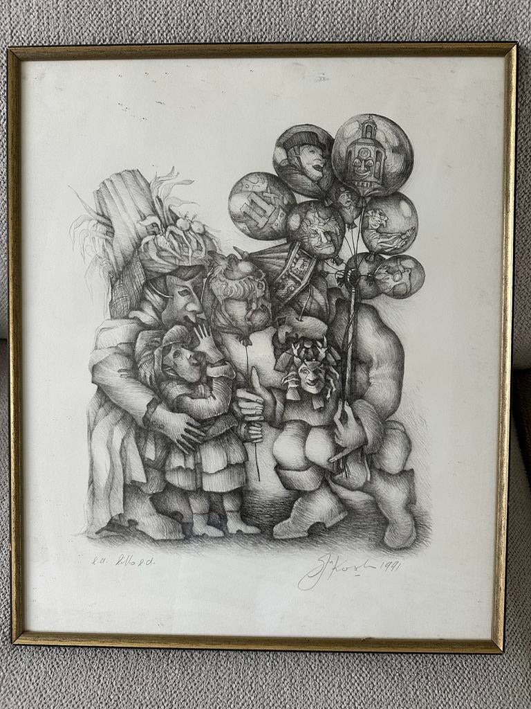 Vastenavond Krabbegat in Bergen op Zoom - Litho/Tekening, Antiek en Kunst, Kunst | Tekeningen en Foto's, Ophalen of Verzenden