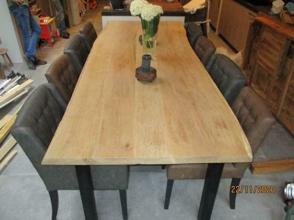 eiken boomstamtafel massief en onderstel en behandeld op maa, Ophalen, 100 tot 150 cm, Eikenhout, Nieuw
