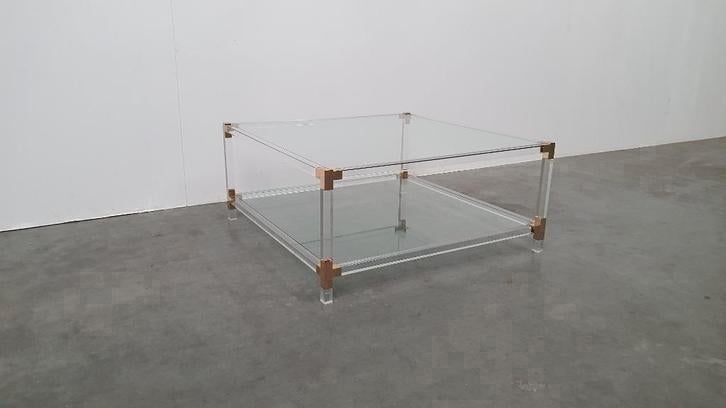 Vintage coffee table lucite & brass Charles Hollis Jones 70s, Huis en Inrichting, Tafels | Salontafels, .., Gebruikt, Glas, ..