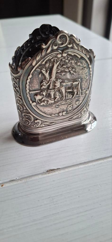 Verzilverde servethouder hollands tafereel, Antiek en Kunst, Curiosa en Brocante, Ophalen of Verzenden