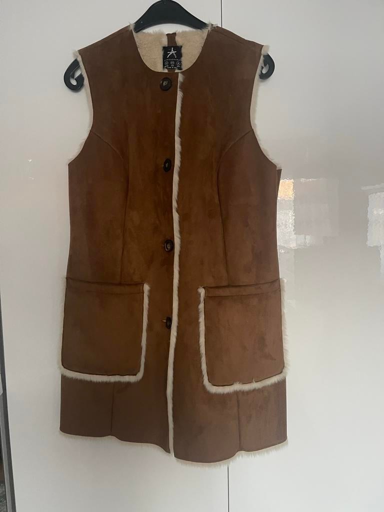 Bruine faux suède gilet met faux bont, Kleding | Dames, Bodywarmers, Ophalen of Verzenden, Zo goed als nieuw, Maat 38/40 (M), Bruin