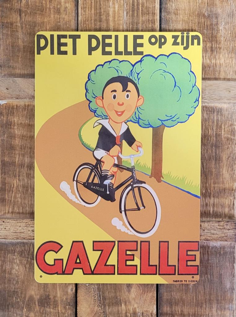 Piet Pelle op zijn Gazelle reclamebord van metaal wandbord, Reclamebord, Info@deconoord.nl, Deco Noord, Nieuw