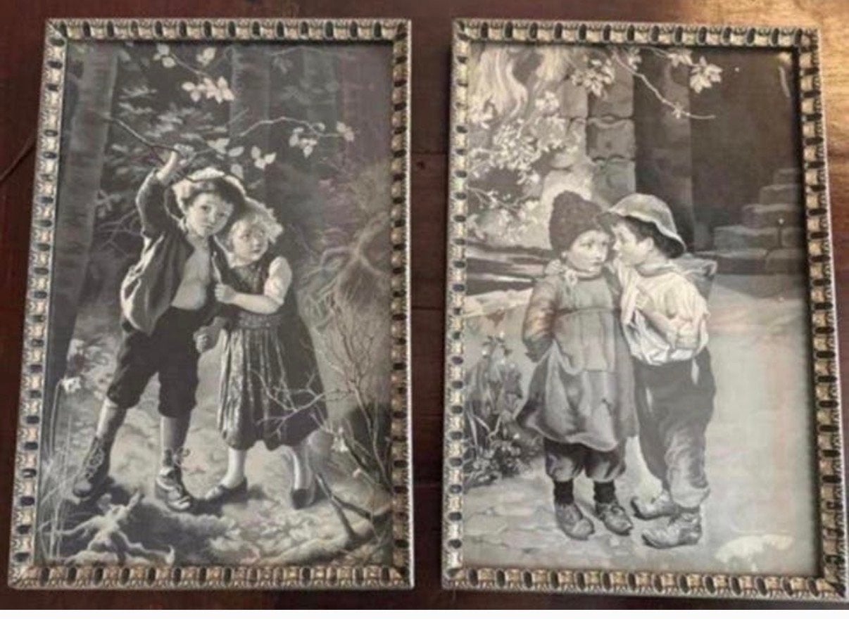 Vintage ingelijste prent van plattelandskinderen (2 stuks), Antiek en Kunst, Ophalen of Verzenden, Print, Print/reproductie, Ingelijst