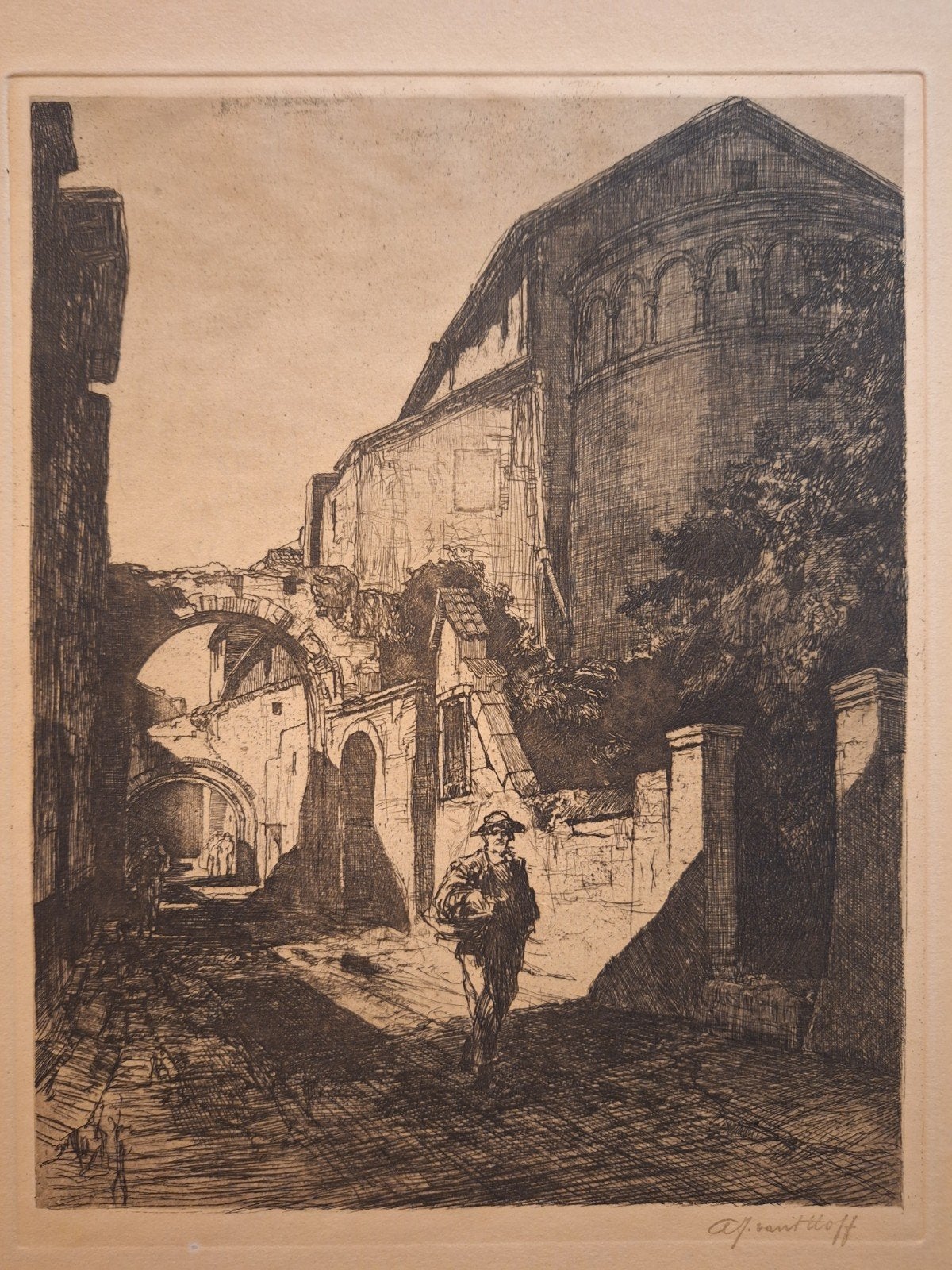 Ets 'Straatje' door A.J. van 't Hoff, Antiek en Kunst, Ets, Stadsgezicht, Ophalen of Verzenden, Gesigneerd