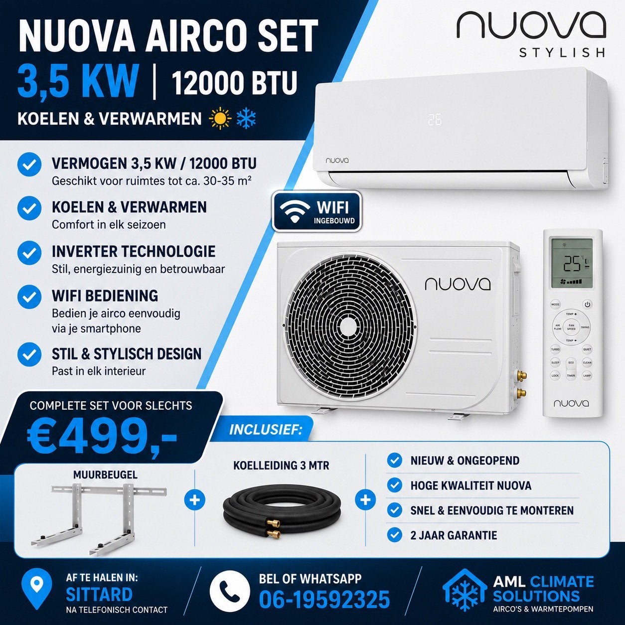 Nuova Airco 3,5 Kw 12000Btu met beugel en leiding, Witgoed en Apparatuur, Airco's, Ophalen, Koelen en Ontvochtigen, Timer, Nieuw