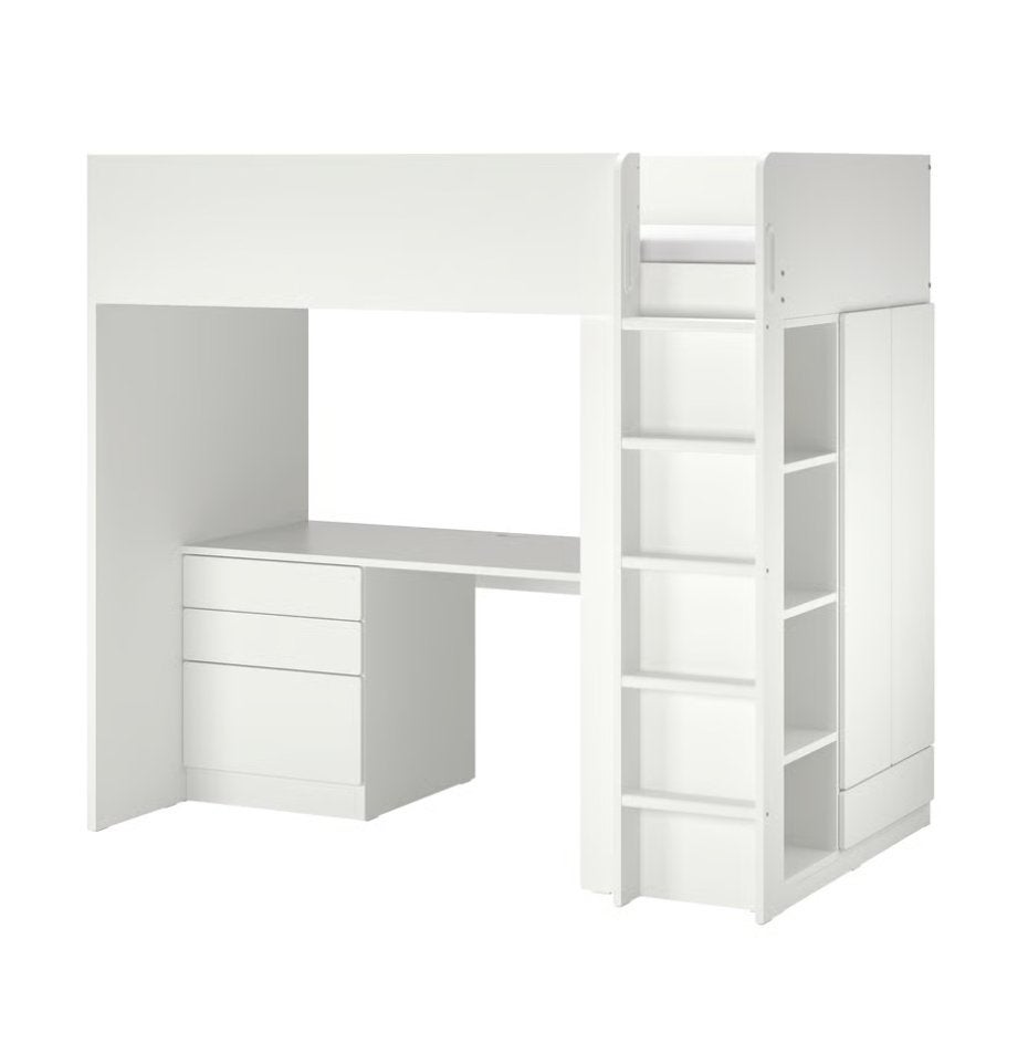 SMÅSTAD IKEA Loft bed WHITE + DESK PINK 4 drawers 90x200 cm, Ophalen, Gebruikt, 90 cm, Eenpersoons