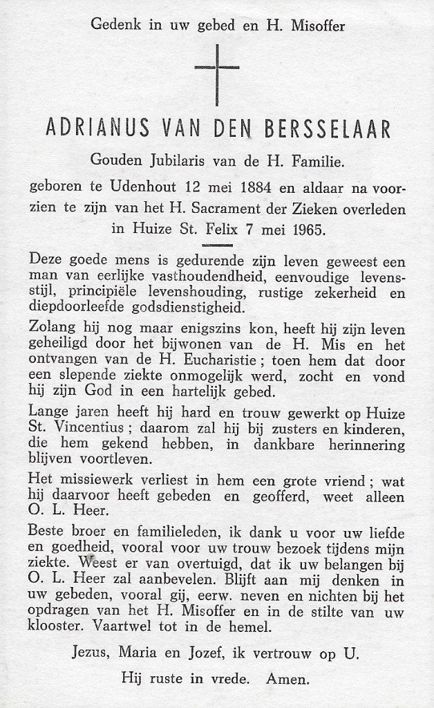 Bersselaar Adrianus 1884 Udenhout 1965, Ophalen of Verzenden, Bidprentje