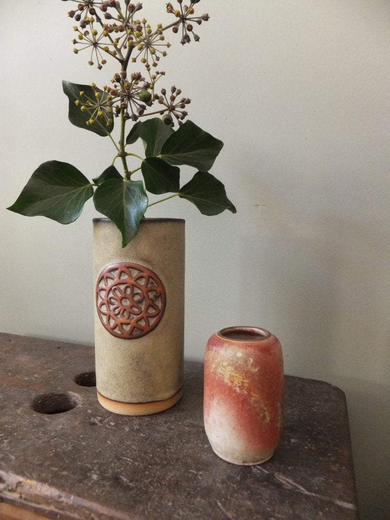 boho 70s set vintage vazen vaasje & bloempot tremar keltisch, Ophalen, Zo goed als nieuw