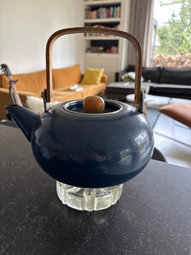 Emaille Theepot Blauw met Glazen Onderzetter, Antiek en Kunst, Antiek | Emaille, Ophalen