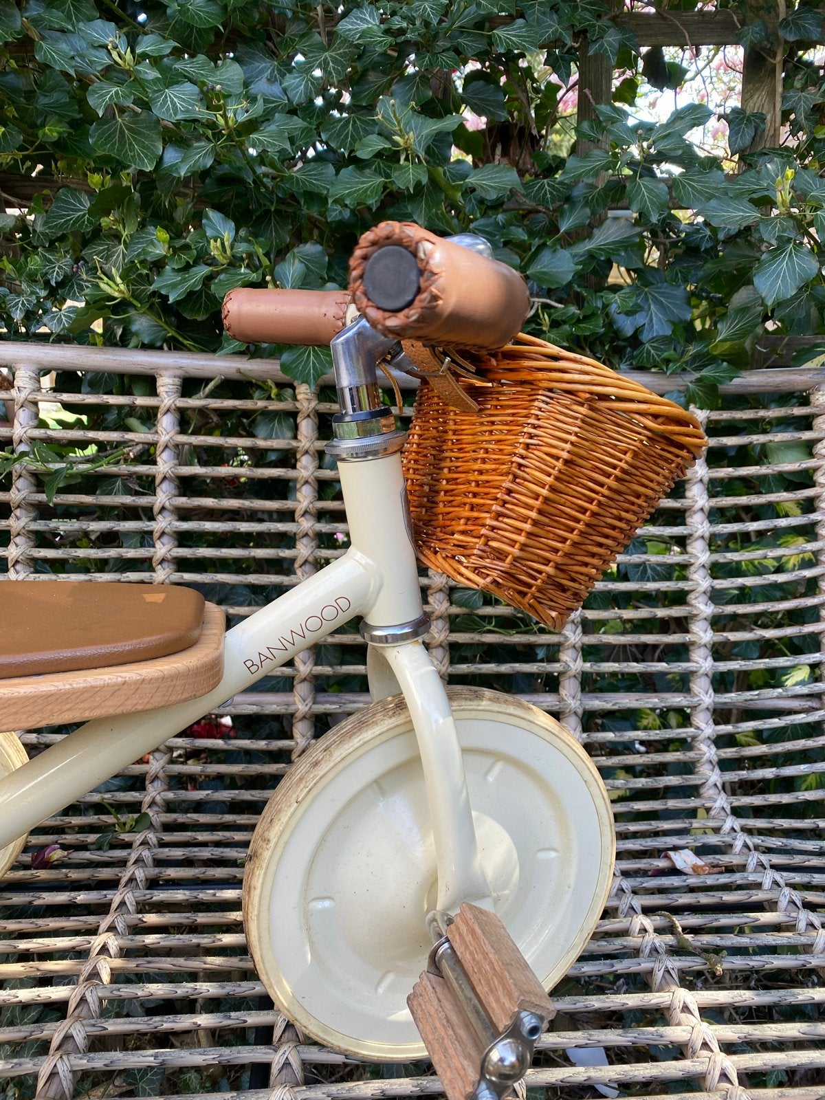 Banwood driewieler met duwstang en mandje, Ophalen, Zo goed als nieuw, Terugtraprem, Duwstang