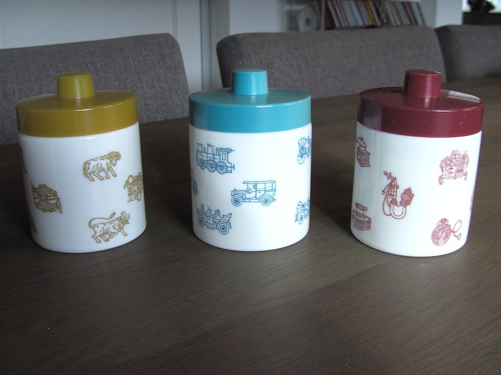 3 retro voorraadpotjes, glas met plastic deksel, Ophalen of Verzenden, Huis en Inrichting