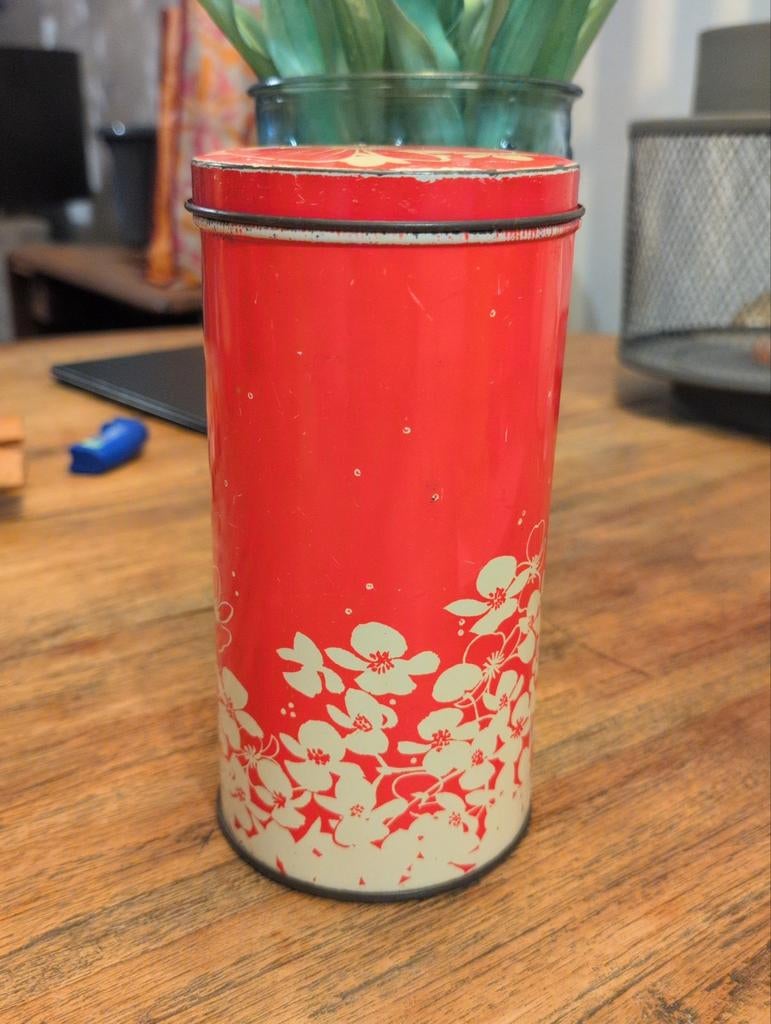 Vintage Rood Blik met Bloemen - Hooimeijer Beschuit, Ophalen of Verzenden