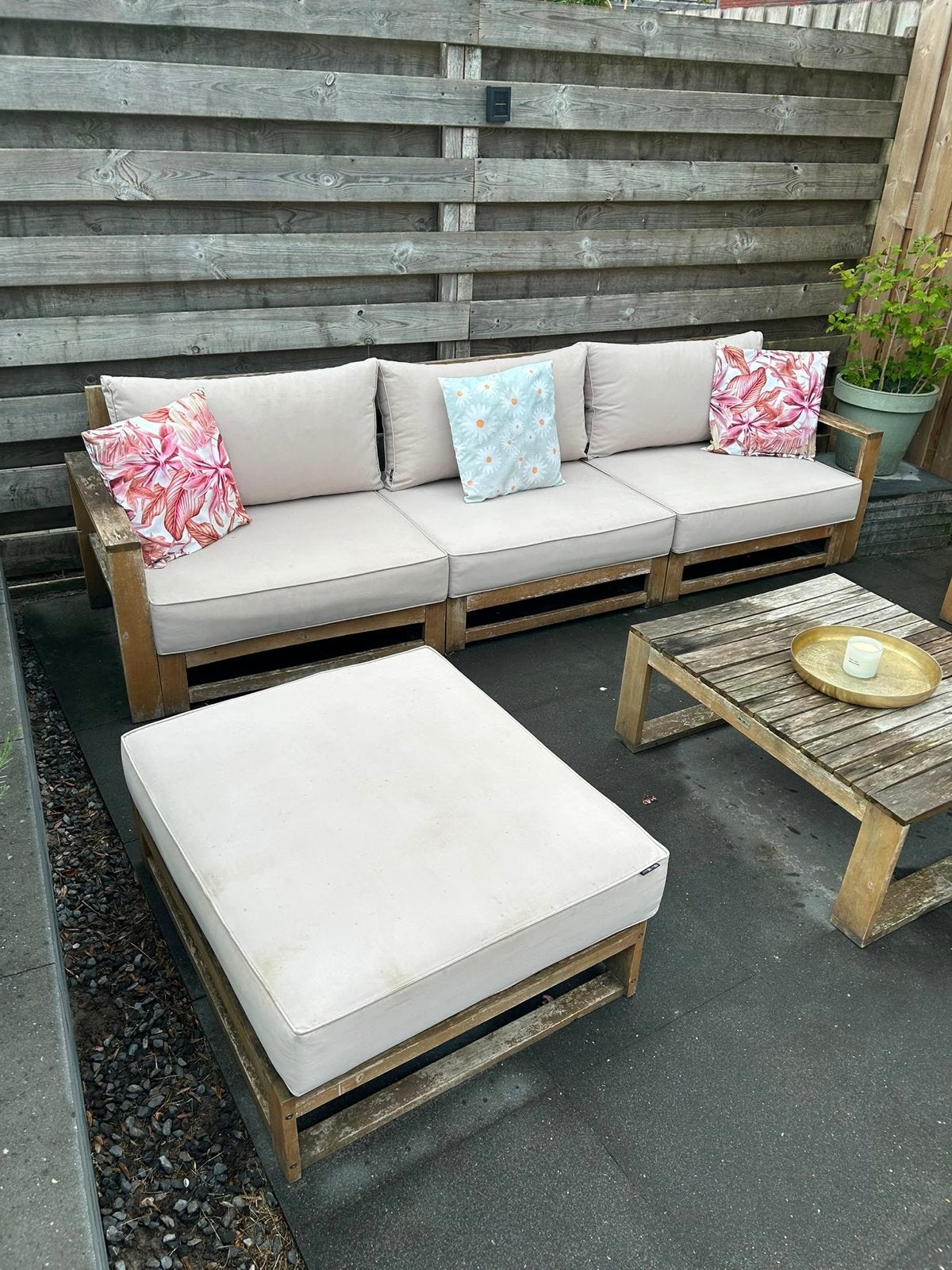 Loungeset Alice Garden acaciahout met beige zitkussens, Tuin en Terras, Ophalen, 4 zitplaatsen, Gebruikt, Loungeset
