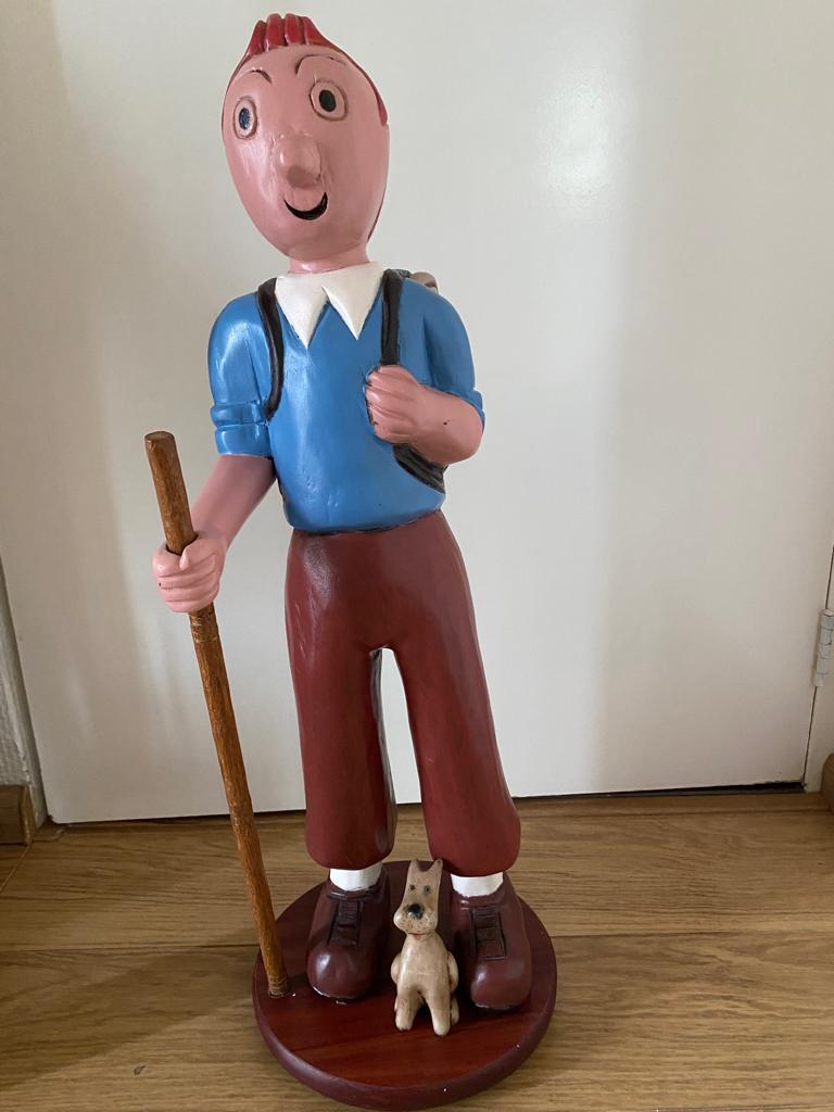 Houten beeld Kuifje staand met losse Bobbie (massief), Ophalen, Kuifje, Gebruikt, Beeldje of Figuurtje