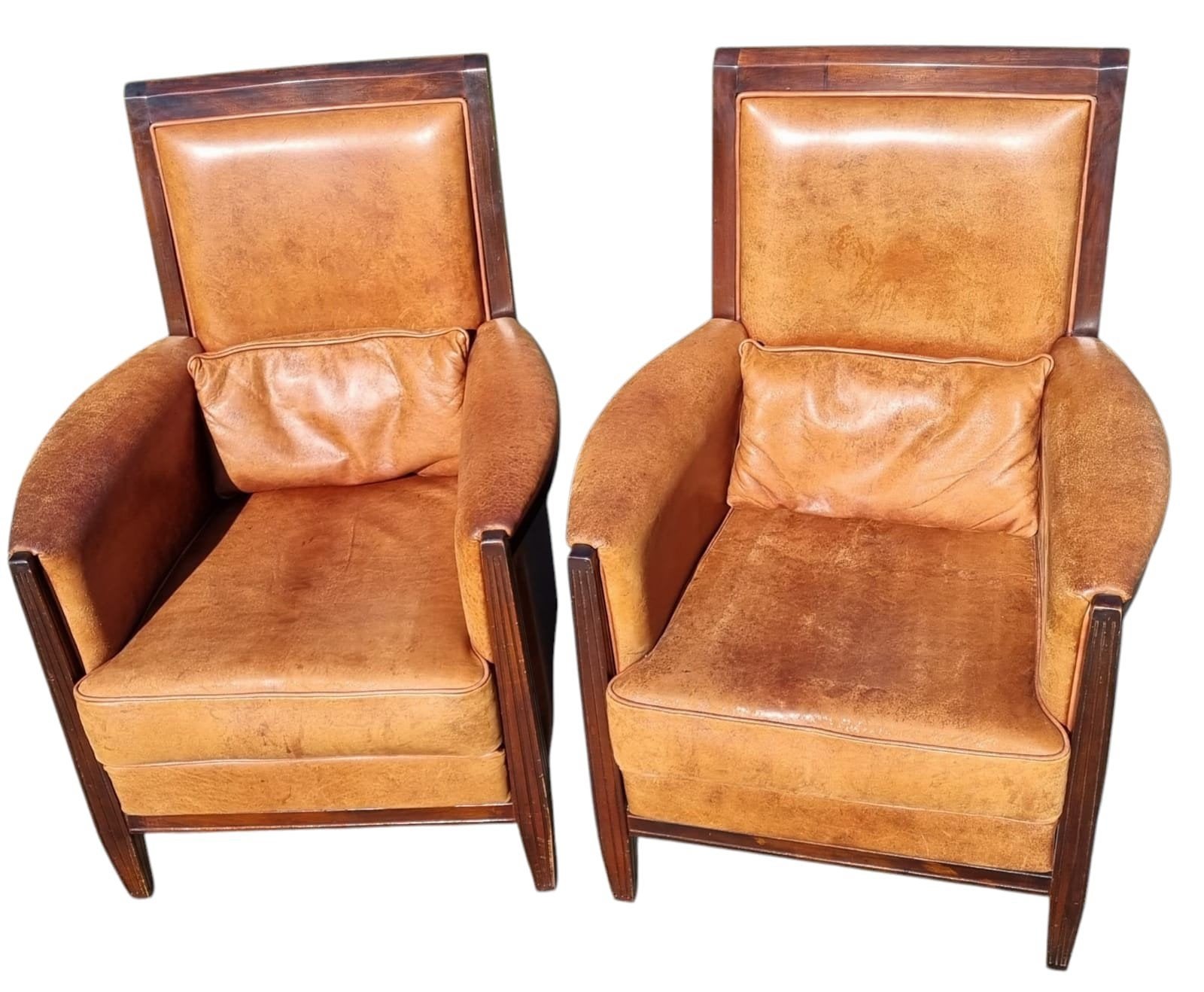 2 klassieke schapenleren fauteuils met hout + BEZORGING, Gebruikt, ., Chesterfield, 75 tot 100 cm