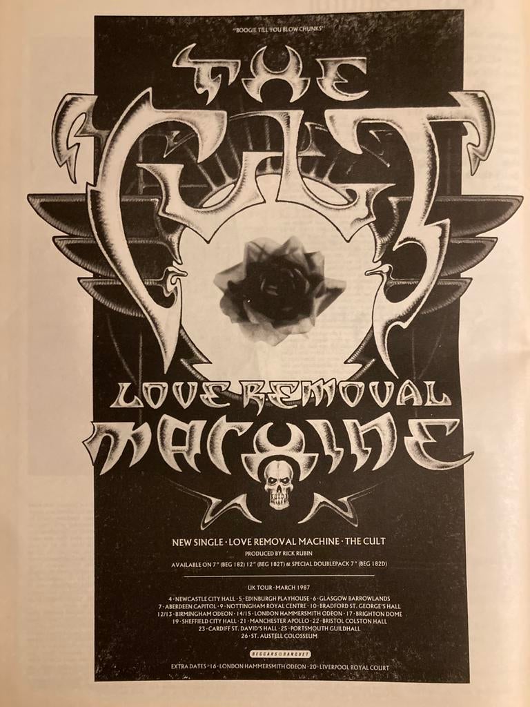 Paginagrote A3 advertentie CULT Love Removal Machine tour, Ophalen of Verzenden, Zo goed als nieuw, A1 t/m A3