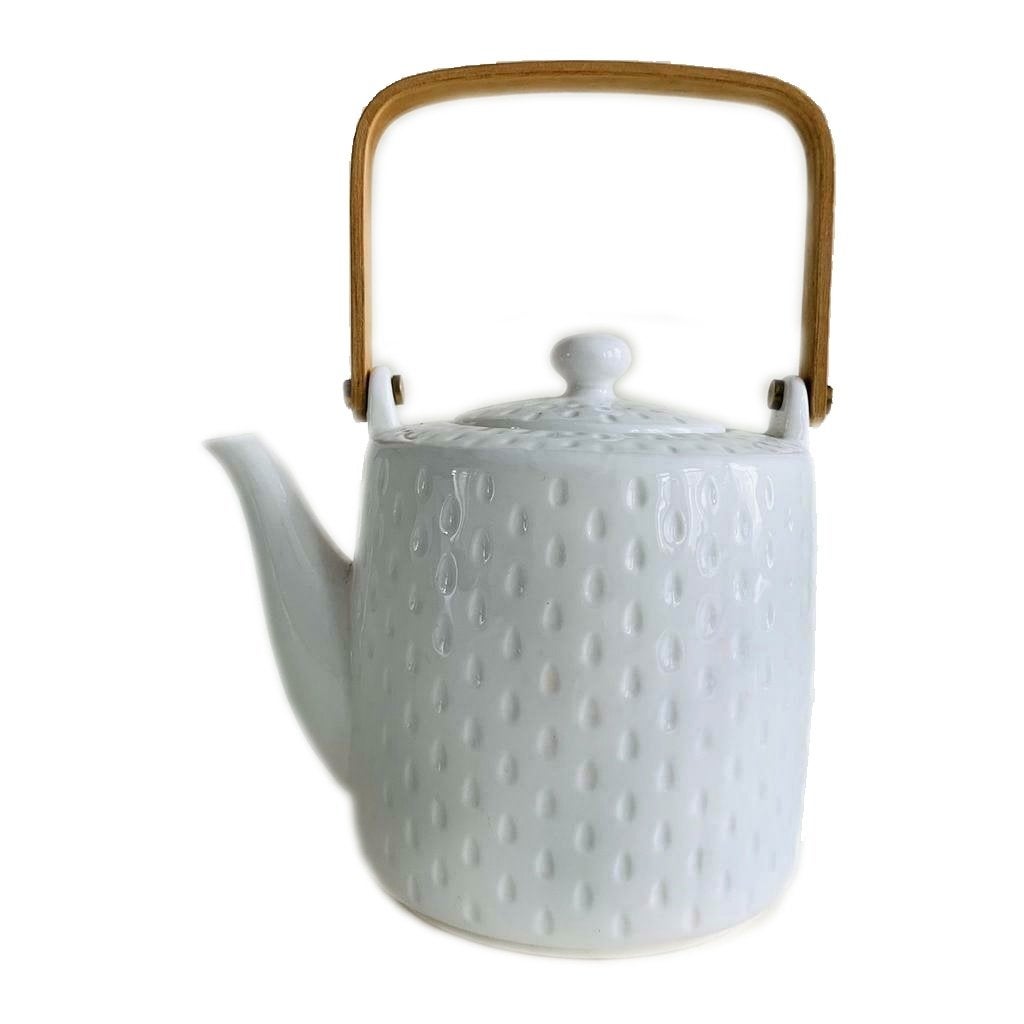 Witte HABITAT theepot met bamboe handvat, Gebruikt, Overige merken, Keramiek, Ophalen of Verzenden