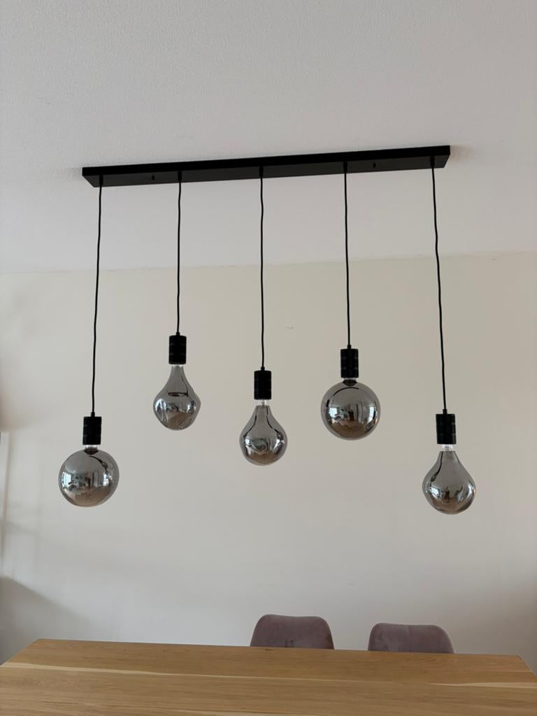 Mooie Art Deco hanglamp zwart, 5 titanium lichts, Ophalen, Overige materialen, Strak, Zo goed als nieuw