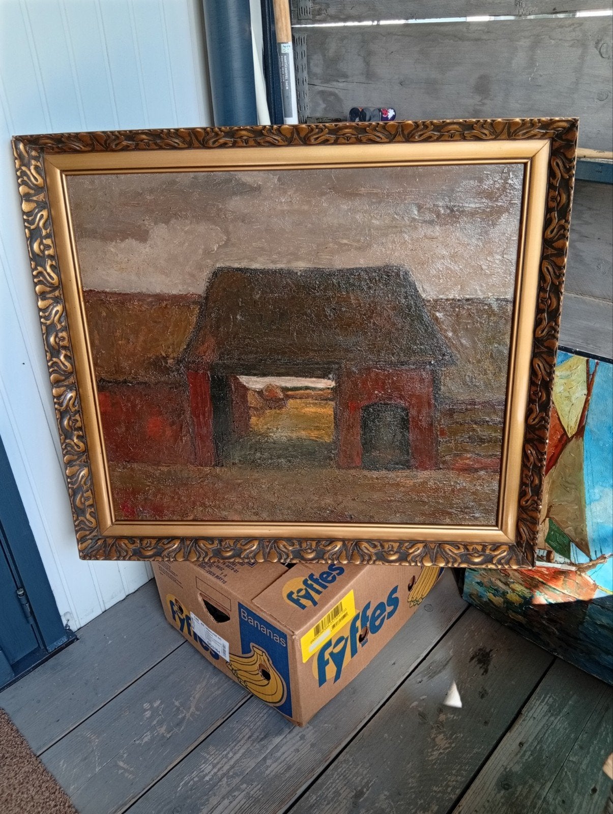 Olieverfschilderij Landschap met schuur in gouden lijst, Antiek en Kunst, Ophalen of Verzenden