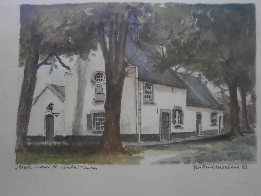 Het witte Dorpje Thorn Mooie Prent Kapel onder Linden, Gebruikt, Ophalen of Verzenden, Voor 1940, Prent