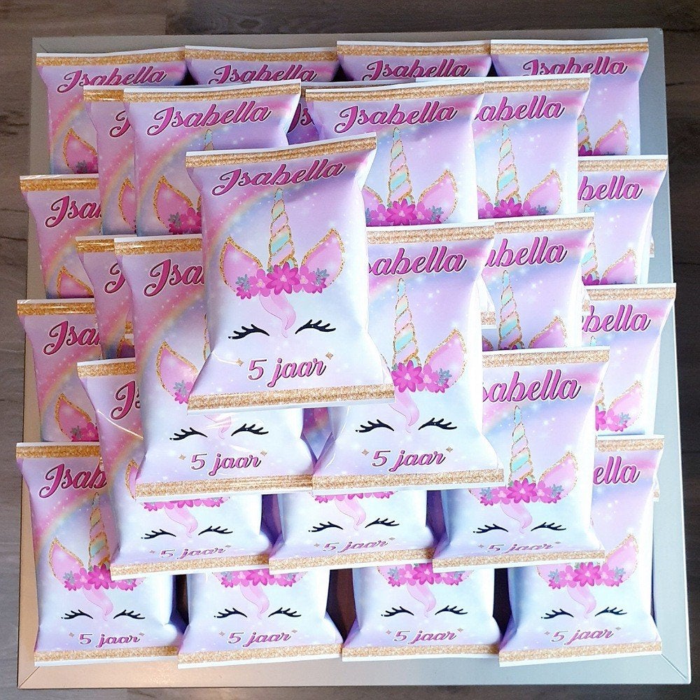 Traktatie zakje chips met thema UNICORN, Ophalen of Verzenden, Nieuw, Feestartikel, Verjaardag