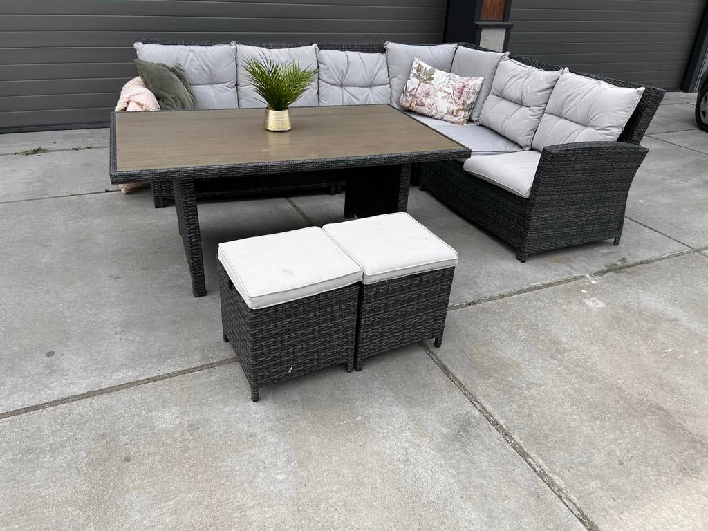 Schitterende 6-delige dining loungeset, z.g.a.n., Meer dan 8 zitplaatsen, Ophalen of Verzenden, Zo goed als nieuw, Wicker