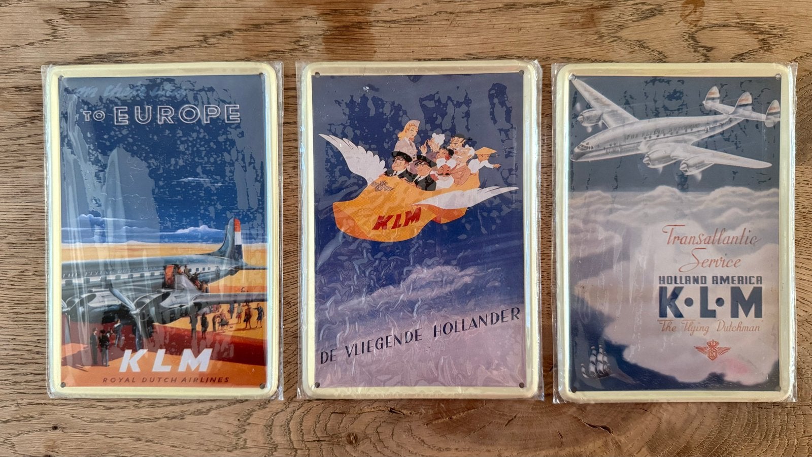 Metalen ansichtkaarten KLM reclameborden set van 3, Ophalen, 1940 tot 1960, Ongelopen