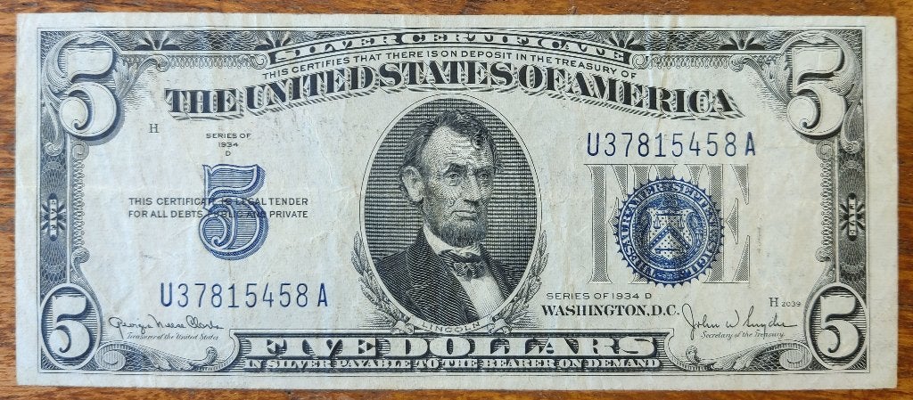 Bankbiljet USA 5 Dollar 1934 series D, Verzenden, Noord-Amerika, Los biljet