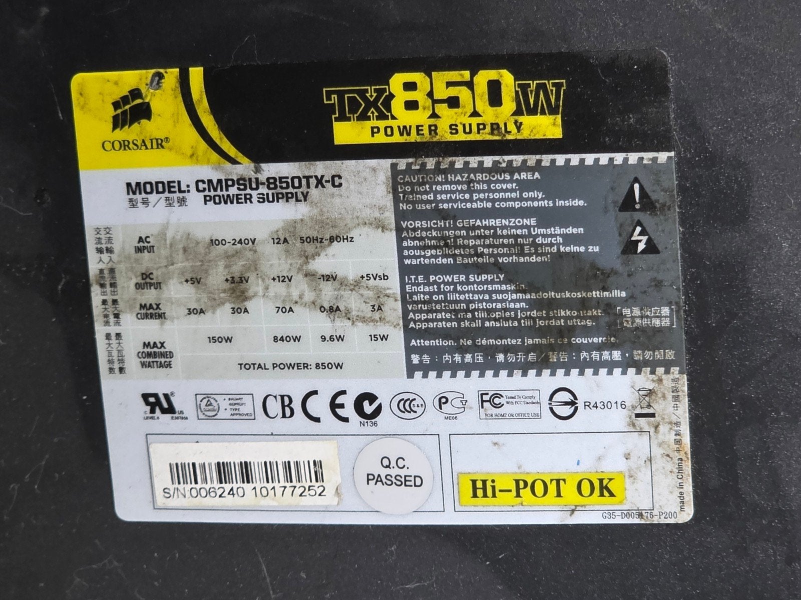 Corsair 850w max voeding psu power supply tx850w, Gebruikt, ., Ophalen of Verzenden, .