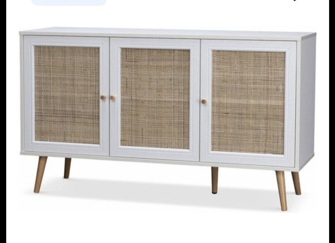 Bohème dressoir gebroken wit met rotan deuren - 120 cm, Ophalen, 100 tot 150 cm, Nieuw, Bohème