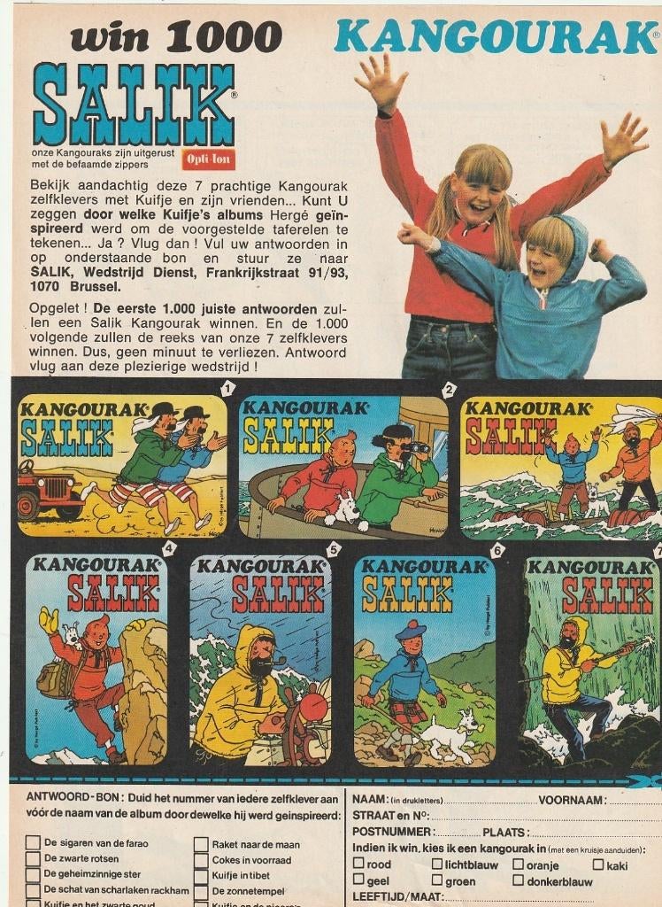 Retro reclame 1977 Salik kuifje stickers & Kangourak jasjes, Verzenden, Overige typen