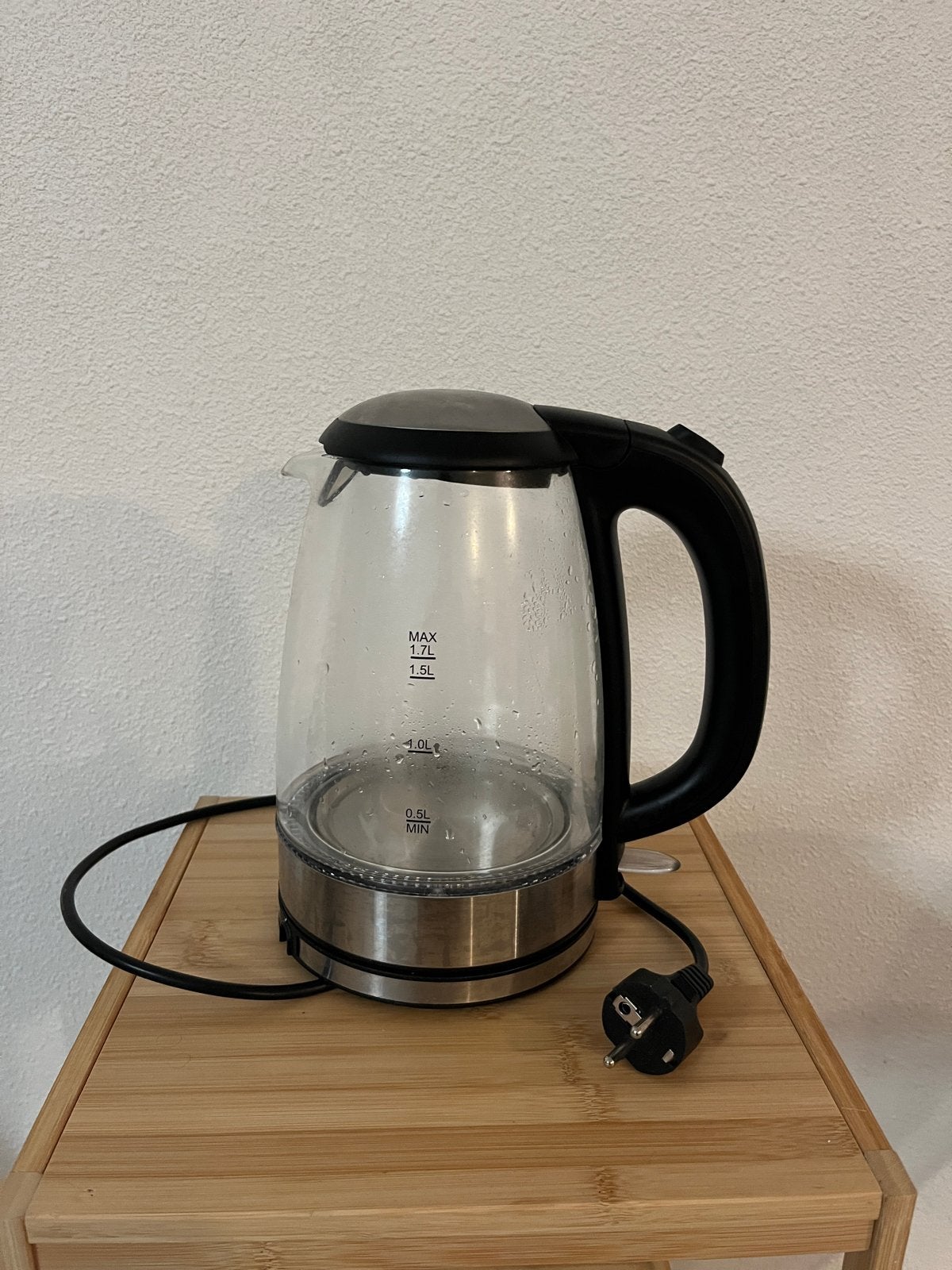 Glazen waterkoker - 1.7L - Zwart/RVS, 1 tot 2 liter, Ophalen, Gebruikt, Rvs