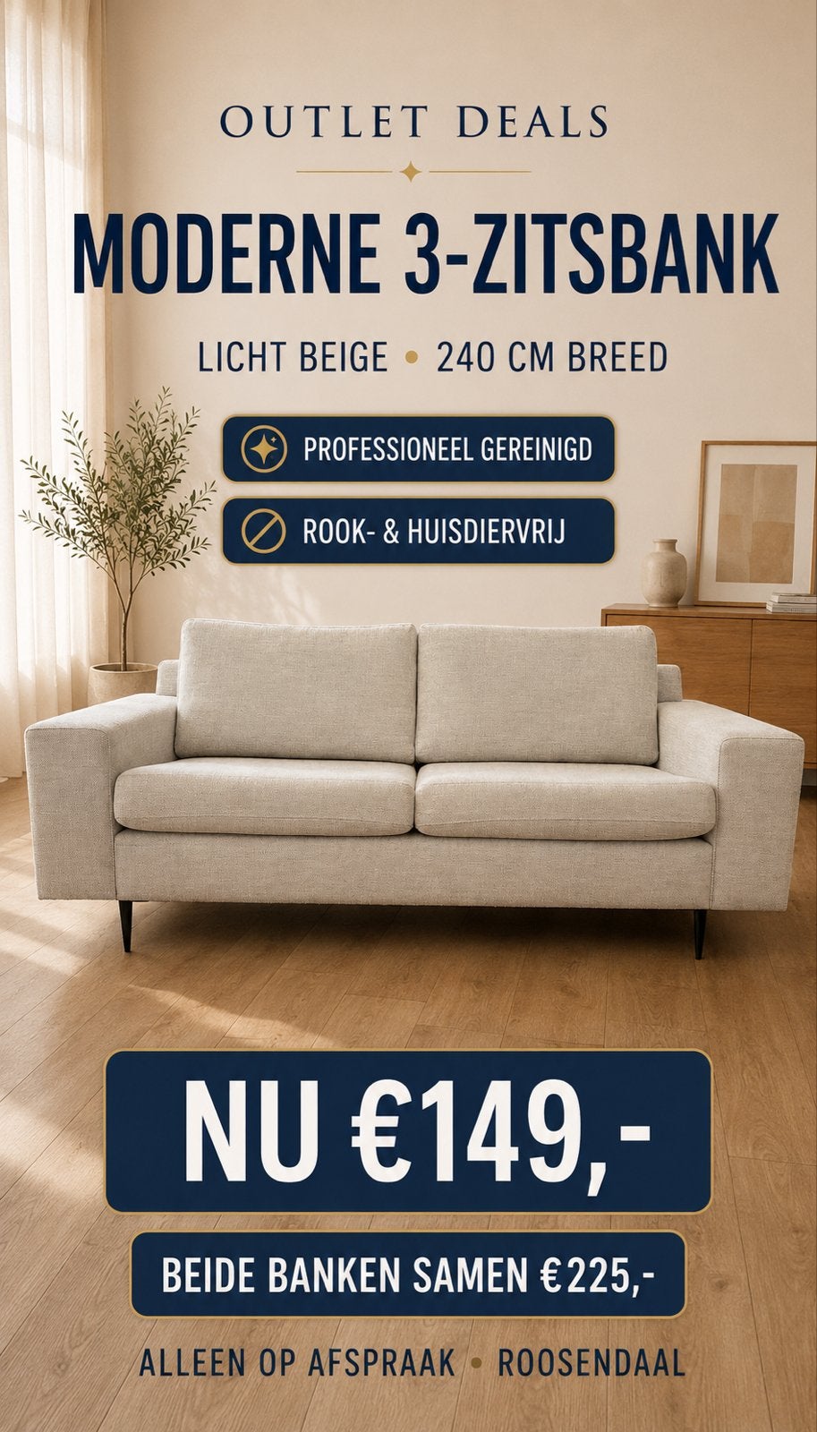 Compacte 3-zitsbank licht beige | 240 cm | prof gereinigd, Driepersoons, 75 tot 100 cm, Ophalen of Verzenden, Zo goed als nieuw