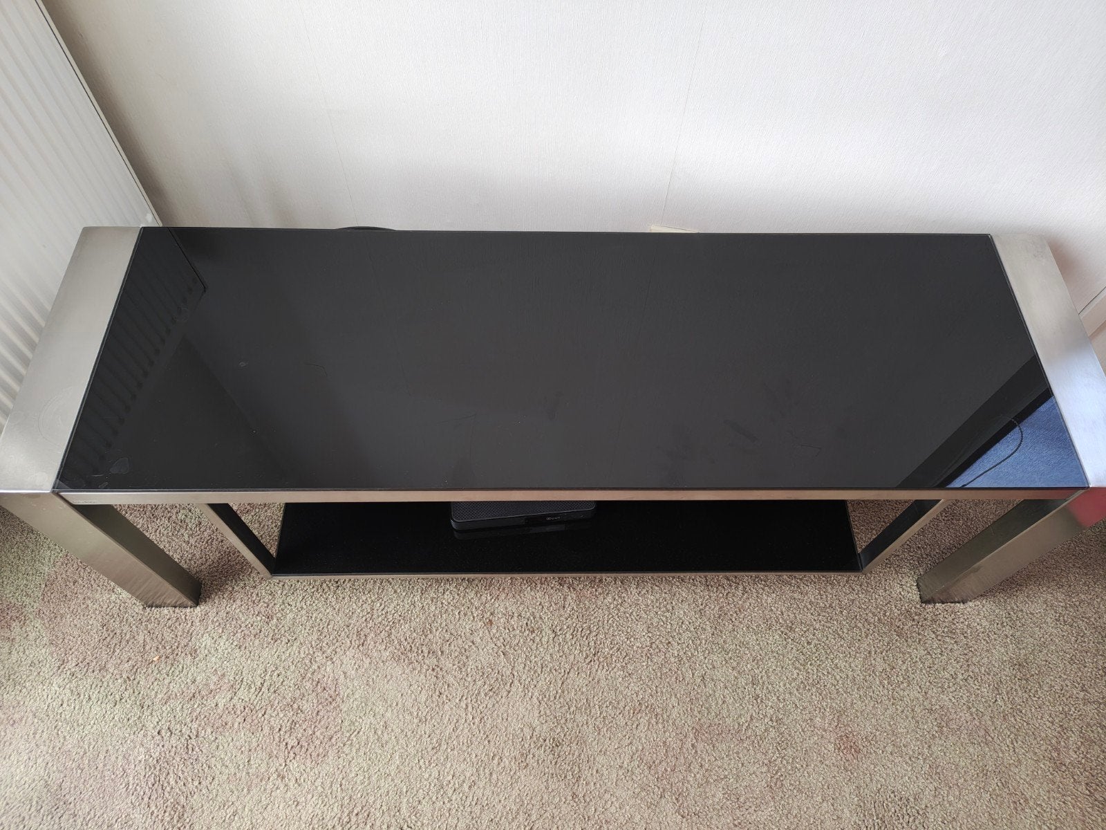 Tv meubel glas en staal, Ophalen, Gebruikt, 100 tot 150 cm, Glas