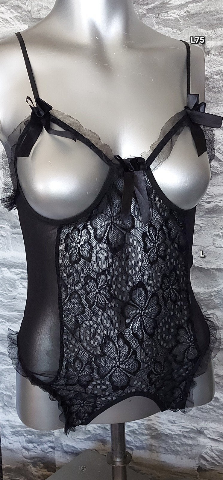 Kinky Zwarte kanten body met open cups en kruis met speelse, Onbekend, Ophalen of Verzenden, Zwart, Body of Korset