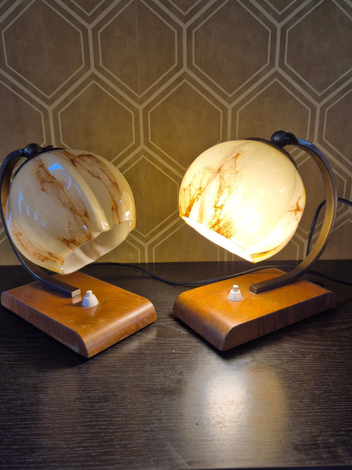 Art Deco Tafellampen Set - Marmer Glas & Hout, Antiek en Kunst, Ophalen of Verzenden