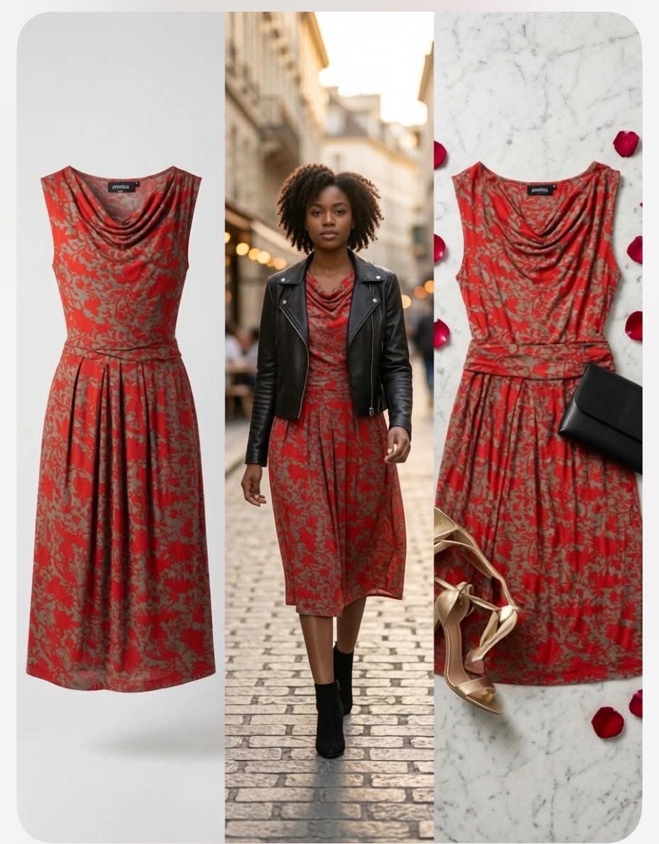 Promiss Jurk Rood/Grijs Bloemenprint Maat XL, Kleding | Dames, Jurken, Maat 46/48 (XL) of groter, Ophalen of Verzenden, Zo goed als nieuw