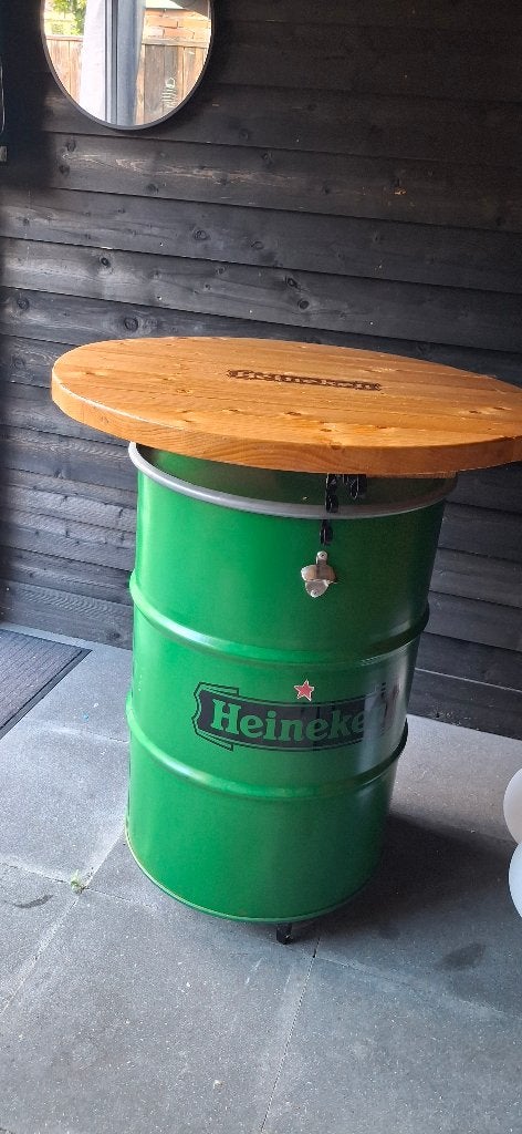 Heineken bierton statafel met houten blad, Ophalen, Gebruikt