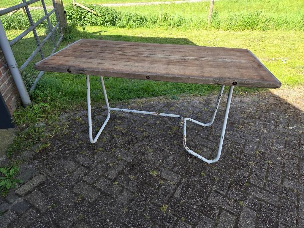 Retro tafel jaren 50 buizen frame met een eiken steenschot, Tuin en Terras, Ophalen, Gebruikt, Rechthoekig, Hout