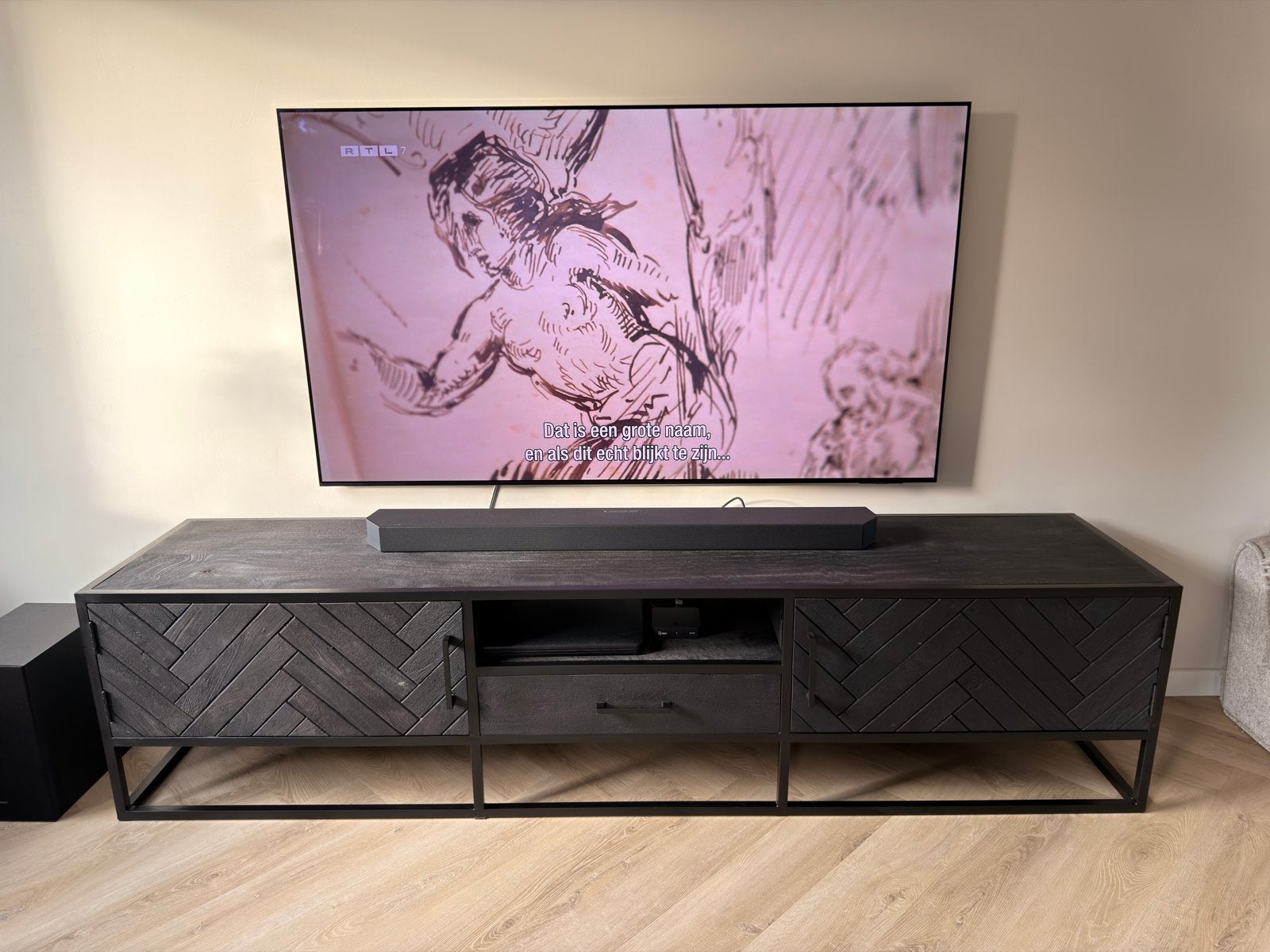 TV Meubel 210cm ‘New York’ Zwart Hout, Ophalen, 150 tot 200 cm, Zo goed als nieuw, Minder dan 100 cm